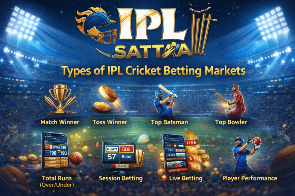 👉 Types of IPL Cricket Betting Markets 2026 with IPL Satta logo including match winner, toss, live betting