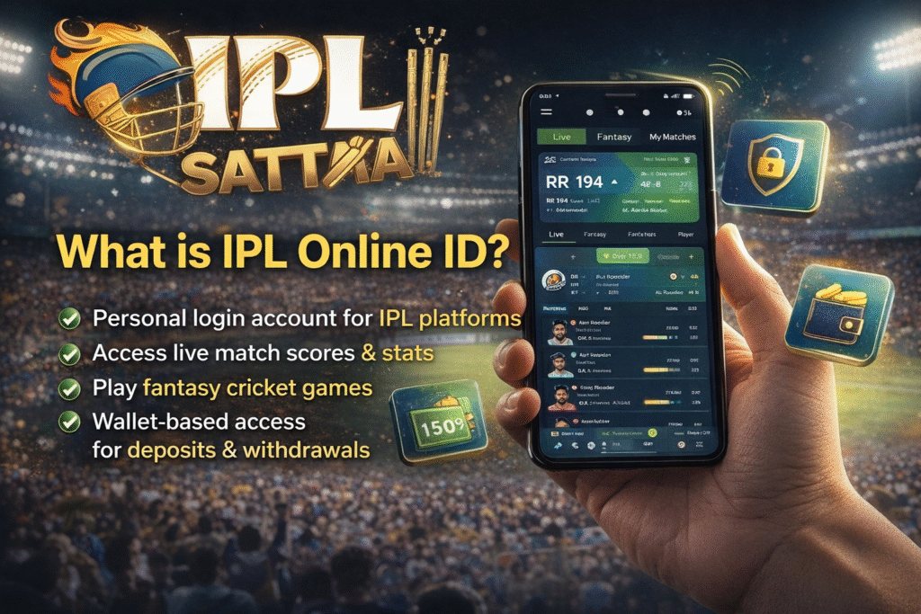 What is IPL Online ID explanation with IPL Sattia logo and cricket dashboard